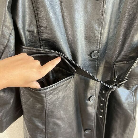 Rebecca Minkoff Mod Trench Coat Long Belted Faux Leather Jacket Size L Lined - Picture 6 of 13